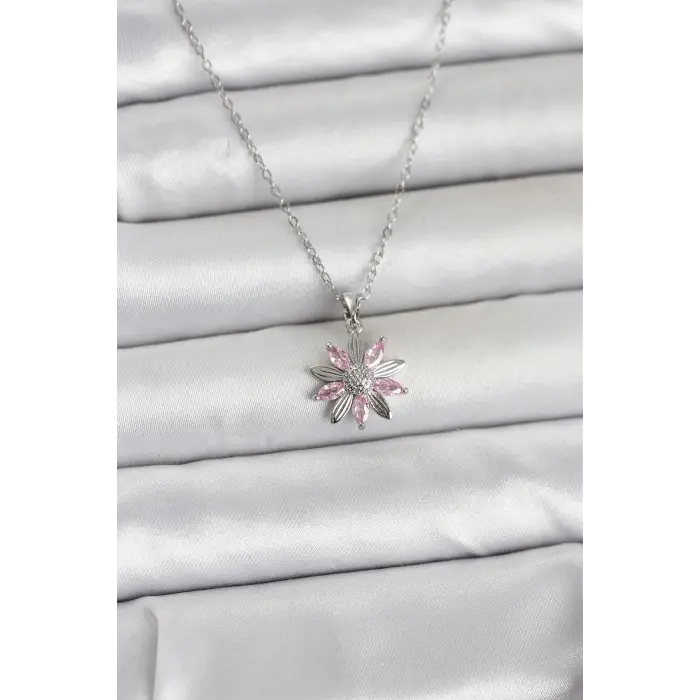 316L Çelik Zincir Gümüş Renk Pembe Papatya Model Kadın Kolye