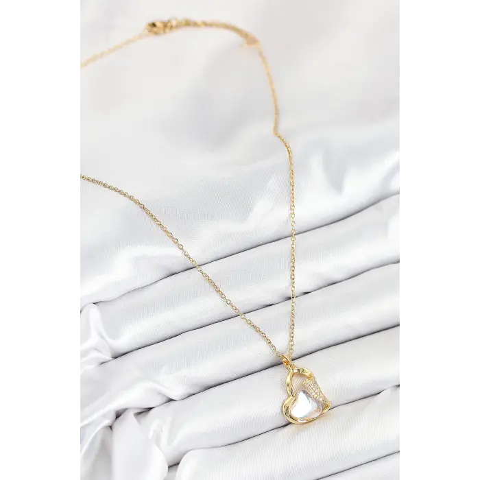 316L Çelik Zirkon Taşlı Kalp Model Gold Renk Kadın Kolye