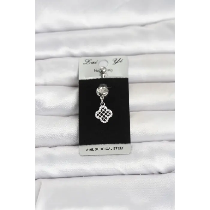 316L Cerrahi Çelik Zirkon Taşlı Sallantılı Yonca Model Göbek Piercing