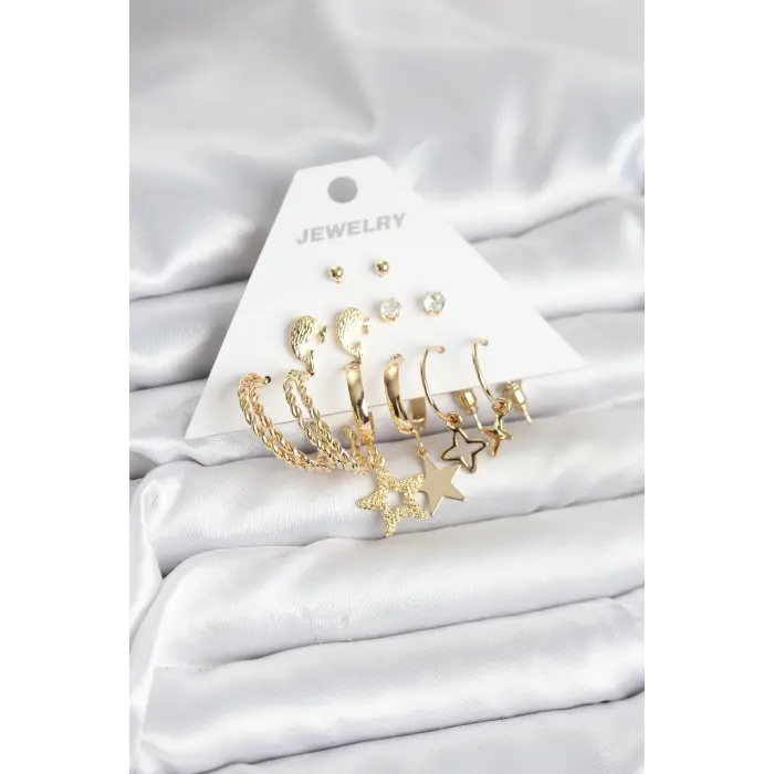 Gold Renk Yıldızlı Set 6 Çift Kadın Küpe Seti