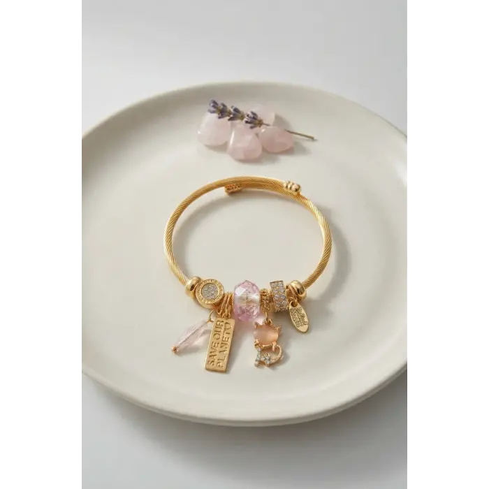 Kedili Model Pembe Charmlı Bileklik