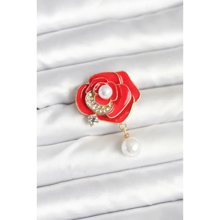 Kırmızı Gül İncili Model Broş