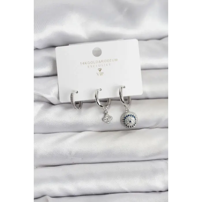 Nazar Model Gümüş Renk Pirinç 3lü Kadın Küpe Seti