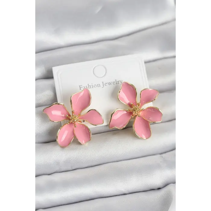Pembe Mineli Çiçek Model Pirinç Kadın Küpe