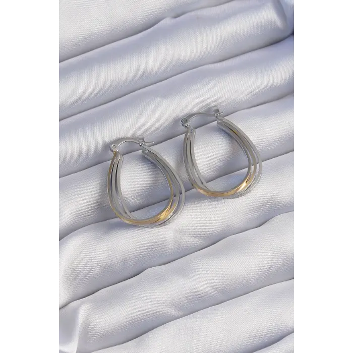 Pirinç Gold Gümüş Renkli Oval Çoklu Görünümlü Küpe