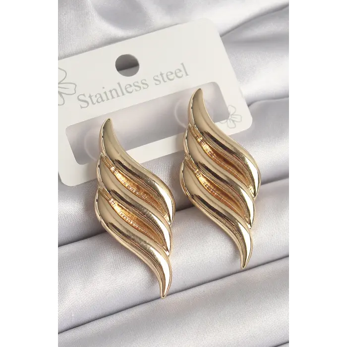 Pirinç Gold Renk 3 Sıra Dalga Model Kadın Küpe