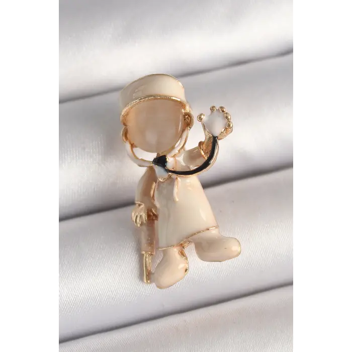Pirinç Gold Renk Beyaz Mineli Doktor Model Kadın Broş