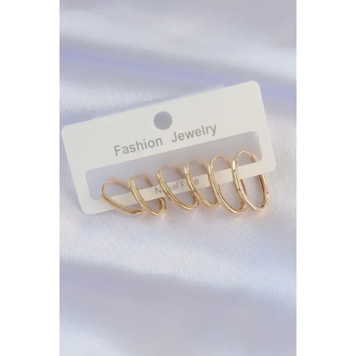Pirinç Gold Renk İnce Oval Küpe Seti