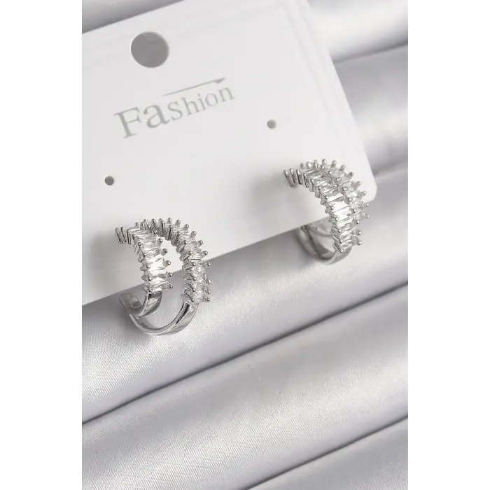 Pirinç Gümüş Renk 2Li Zirkon Taşlı Halka Model Kadın Küpe