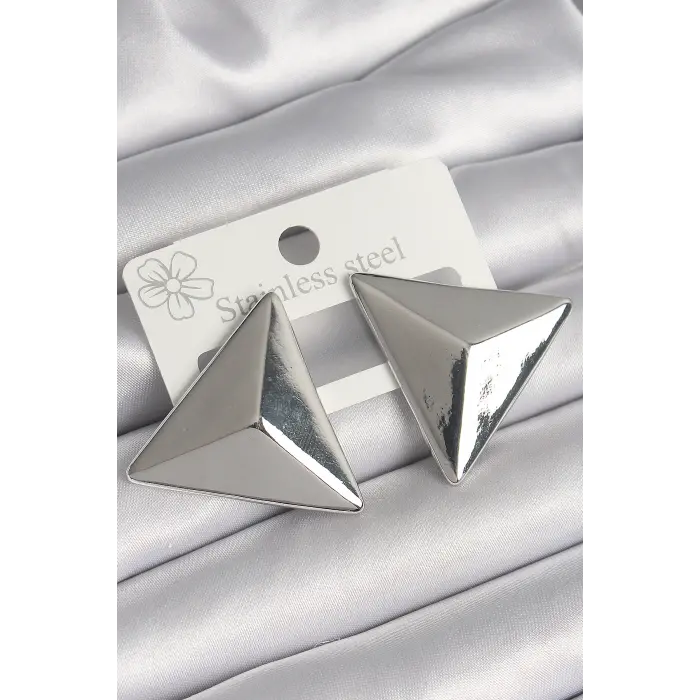 Pirinç Gümüş Renk 3D Üçgen Model Kadın Küpe
