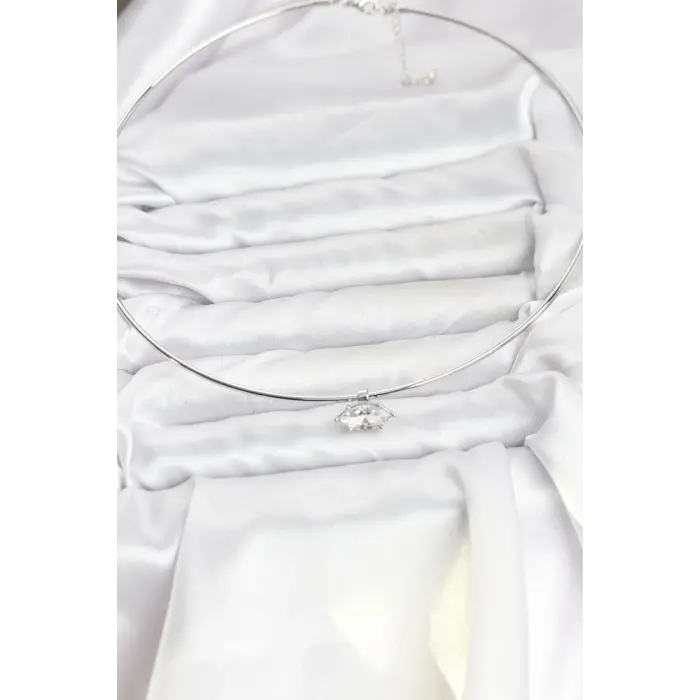 Pirinç Gümüş Renk Choker Model Zirkon Taşlı Kadın Kolye