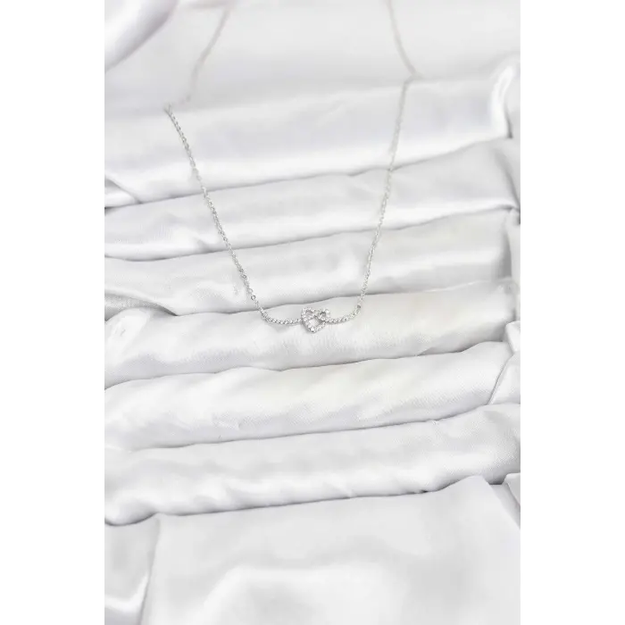 Pirinç Gümüş Renk Düğüm Kalp Model Kadın Kolye