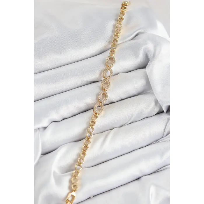 Pirinç Zirkon Taşlı Oval Model Gold Renk Kadın Bileklik