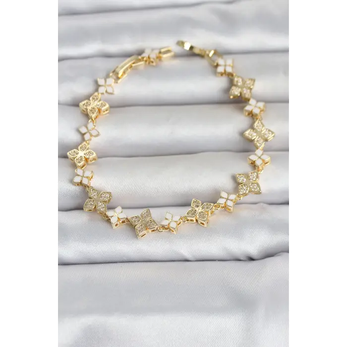 Pirinç Zirkon Taşlı ve Mineli Yonca Model Gold Renk Kadın Bileklik