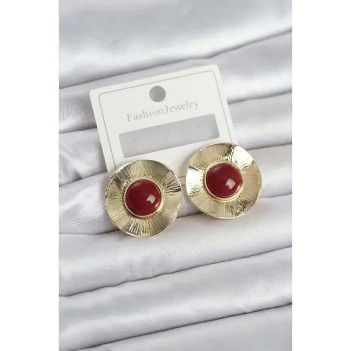 Vintage Model Bordo Gold Renk Pirinç Kadın Küpe