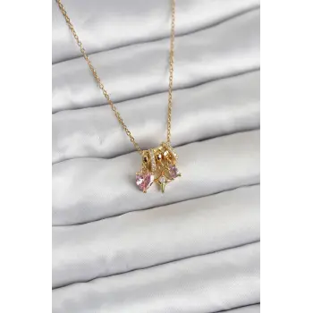 316L Çelik Gold Pembe Zirkon Taşlı Charmlı Kadın Kolye