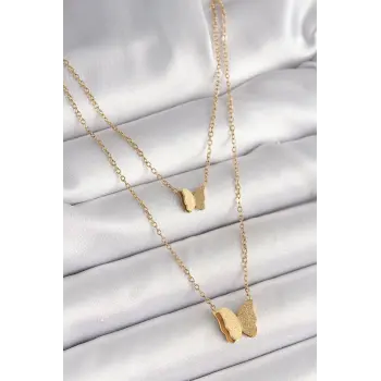 316L Çelik Gold Renk 2Li Simli Kelebek Model Kadın Kolye