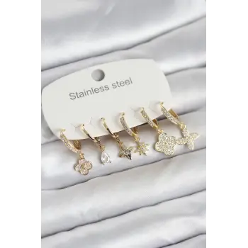 316L Çelik Gold Renk 6lı Set Yonca Model Kadın Küpe