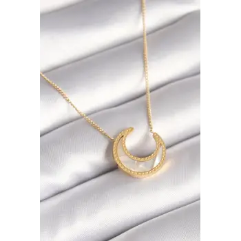 316L Çelik Gold Renk Beyaz Sedefli Hilal Model Kadın Kolye