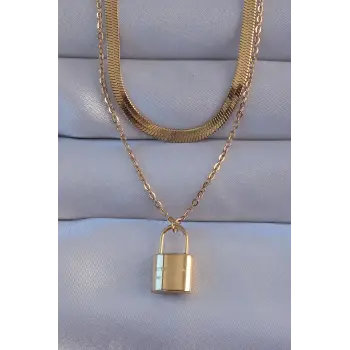316L Çelik Gold Renk Çift Zincir Kilit Model Kolye