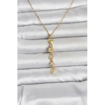 316L Çelik Gold Renk Deniz Temalı Y Model Zirkon Taşlı Kadın Kolye