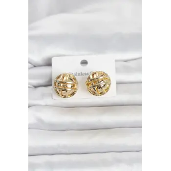 316L Çelik Gold Renk Desenli Top Model Kadın Küpe
