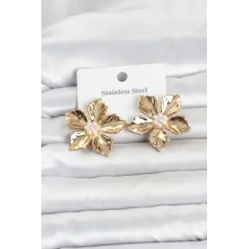 316L Çelik Gold Renk Lotus Çiçek Model Kadın Küpe