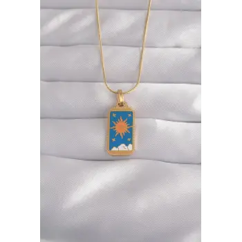 316L Çelik Gold Renk Mavi Mineli Güneş Model Tarot Kolye
