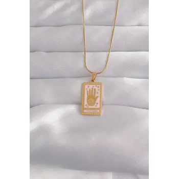 316L Çelik Gold Renk Pembe Mineli El Figür Tarot Kolye
