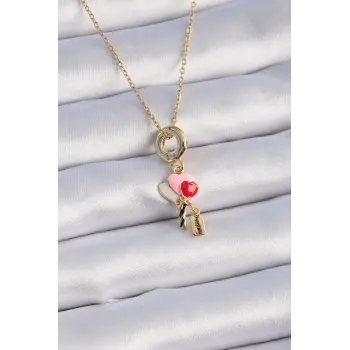 316L Çelik Gold Renk Renkli Kalp Figür Charm Model Kadın Kolye
