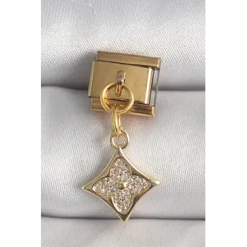 316L Çelik Gold Renk Sallantı Zirkon Taşlı Çiçek İşlemeli Nomination Charm