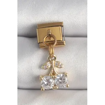 316L Çelik Gold Renk Sallantı Zirkon Taşlı Kiraz Model Nomination Charm