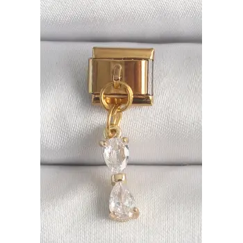 316L Çelik Gold Renk Sallantı Zirkon Taşlı Kurdele Model Nomination Charm