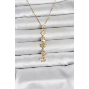 316L Çelik Gold Renk Şans Kolyesi Y Model Zirkon Taşlı Kadın Kolye