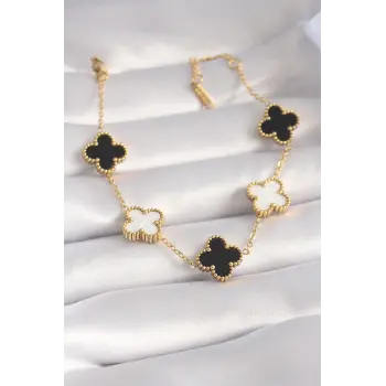 316L Çelik Gold Renk Siyah Beyaz Yonca Model Kadın Bileklik