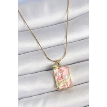316L Çelik Gold Renk Zincir Pembe Mineli İncli Çiçek İşlemeli Portre Model Kadın Kolye