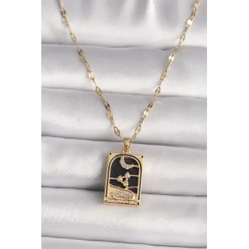 316L Çelik Gold Renk Zirkon Taşlı Ay Figürlü Tarot Model Kadın Kolye