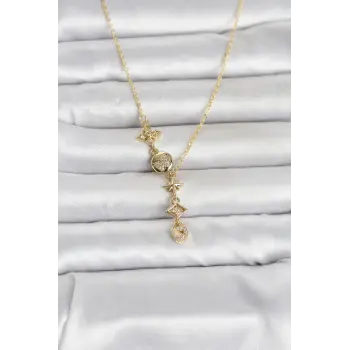 316L Çelik Gold Renk Zirkon Taşlı Y Kadın Kolye