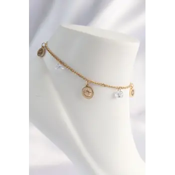 316L Çelik Gold Renk Zirkon Taşlı Yıldızlı Halhal