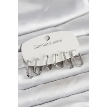 316L Çelik Gümüş Renk 6lı Set Geometrik Model Kadın Küpe