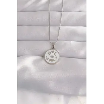 316L Çelik Gümüş Renk Beyaz Mineli Karışık Figürlü Tarot Kolye