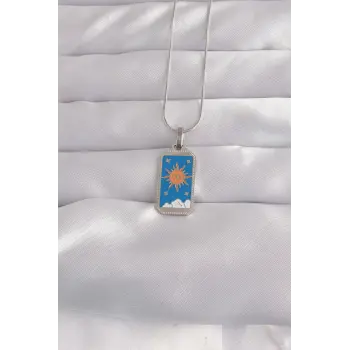 316L Çelik Gümüş Renk Mavi Mineli Güneş Model Tarot Kolye
