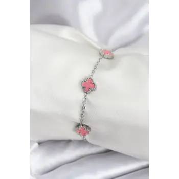 316L Çelik Gümüş Renk Pembe Baby Boy Yonca Kadın Bileklik