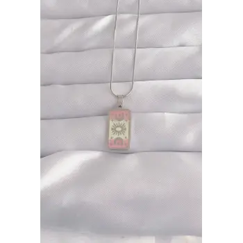 316L Çelik Gümüş Renk Pembe Mineli Ay Figür Tarot Kolye