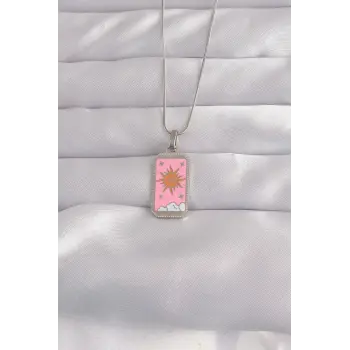 316L Çelik Gümüş Renk Pembe Mineli Güneş Model Tarot Kolye