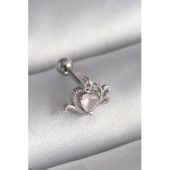 316L Çelik Gümüş Renk Pembe Mineli Kalp Zirkon Taş Detay Tragus Piercing