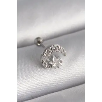 316L Çelik Gümüş Renk Zirkon Taşlı Ay Yıldız Tragus Piercing