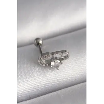 316L Çelik Gümüş Renk Zirkon Taşlı Toplu İğne Tragus Piercing
