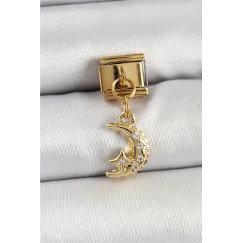 316L Çelik Sallantılı Zirkon Taşlı Ay Model Gold Renk Nomination Charm