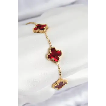 316L Çelik Sedefli Kırmızı Gold Renk Yonca Kadın Bileklik